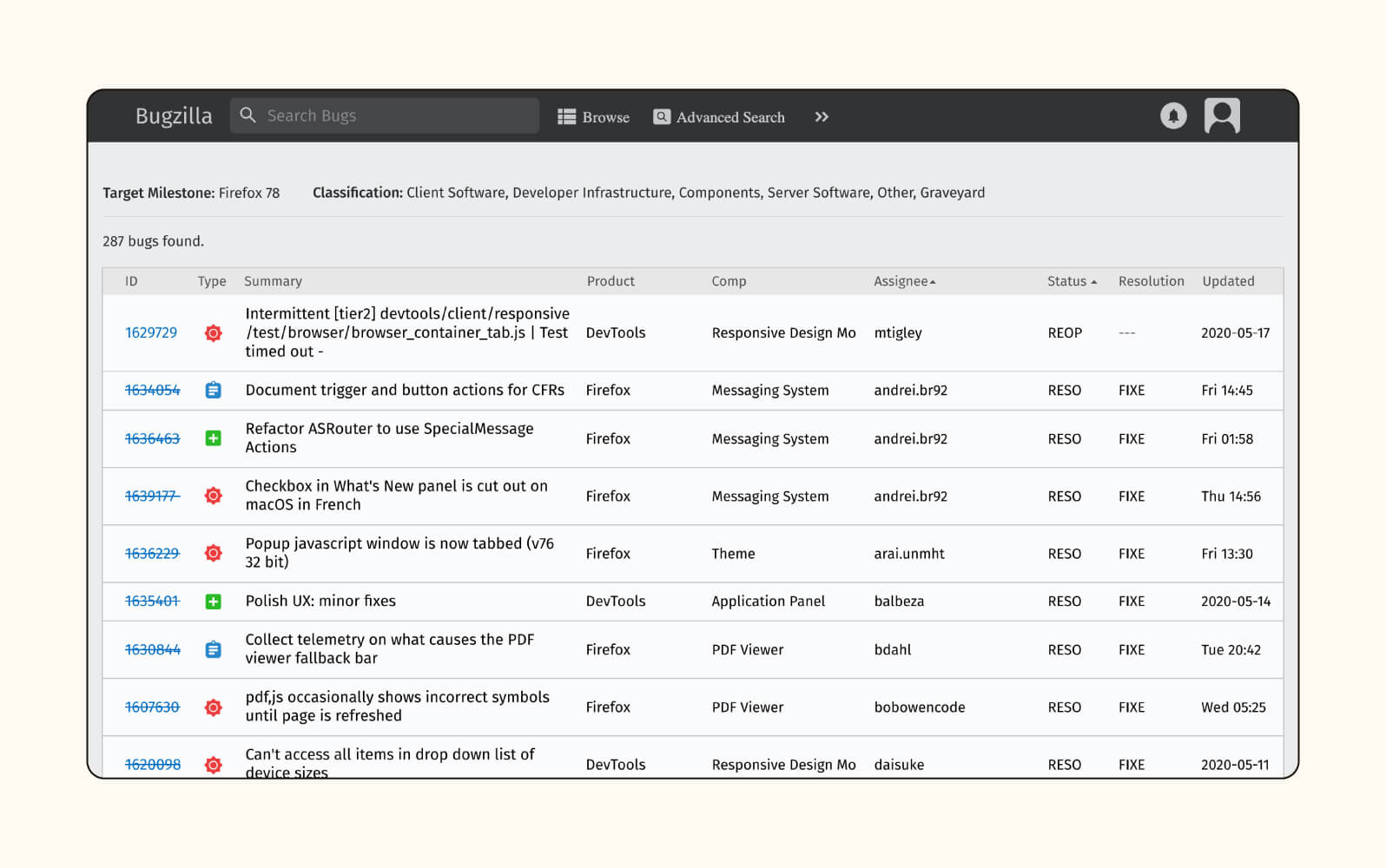 A product image of issue tracking software from Bugzilla.